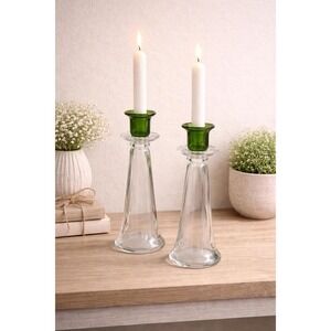 Vintage MCM Art Glass Candlesticks Clear & Emerald Green Pair 9.75" 70s Retro